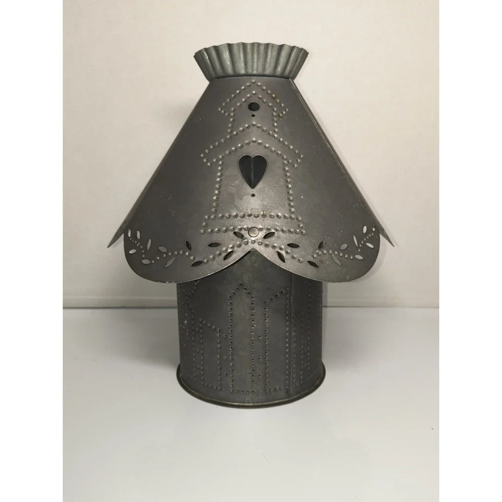Punched Tin Lantern Folk Art Birdhouse Design Metal Candle Holder Rustic Decor
